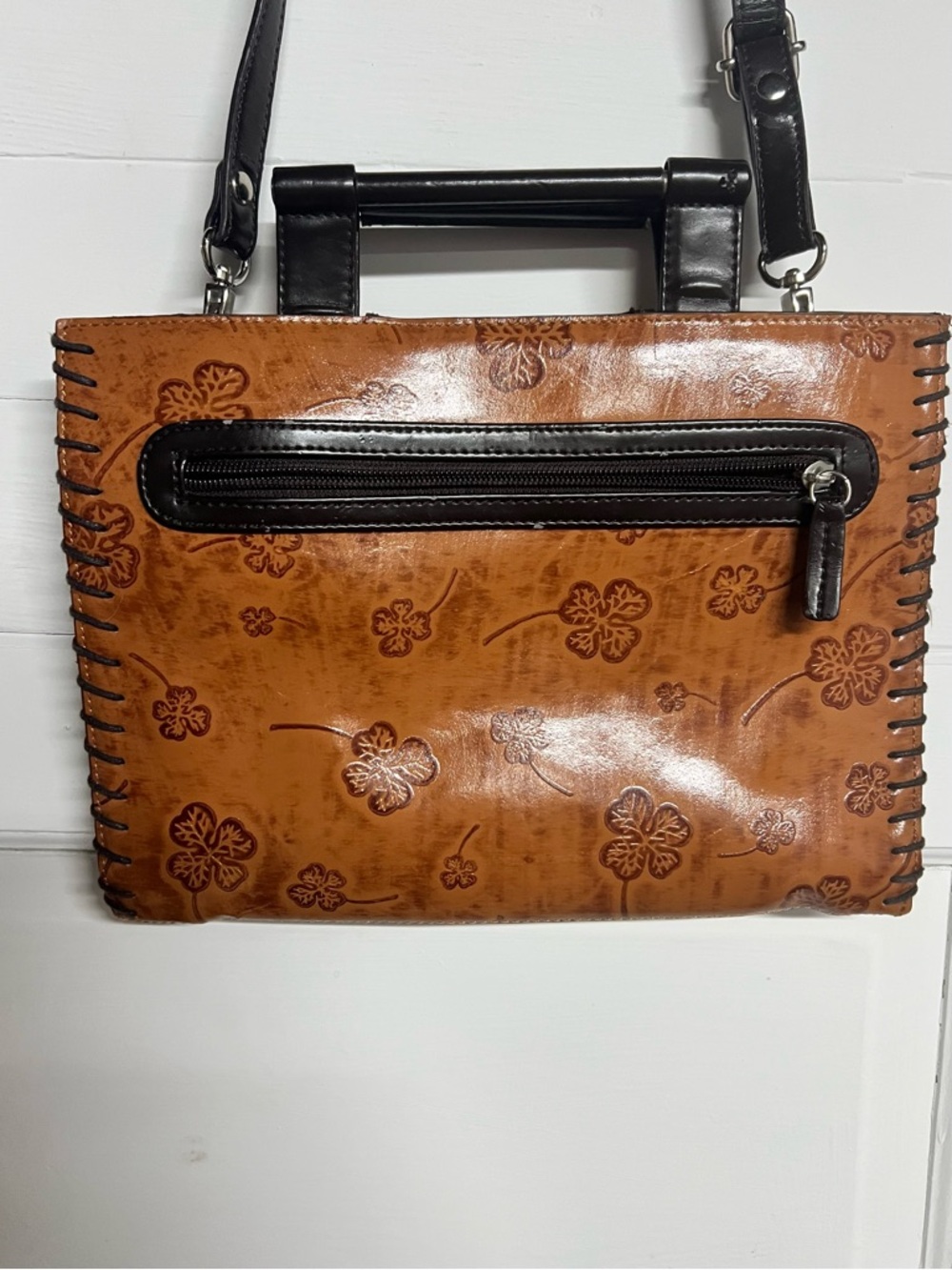 Vintage Clover Embossed Brown Leather Crossbody Bag